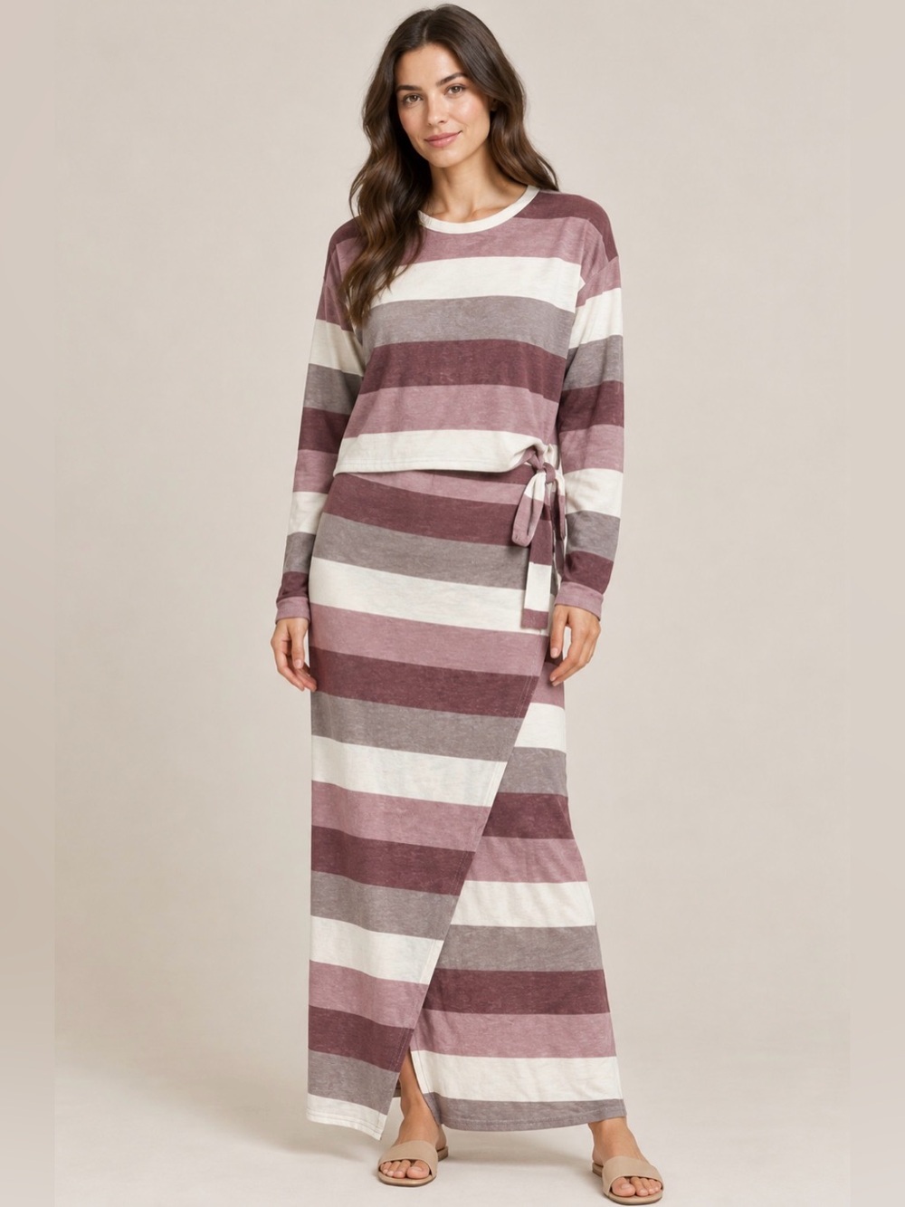 Striped Long Sleeve Maxi Dress with Side Tie in Mauve and Cream